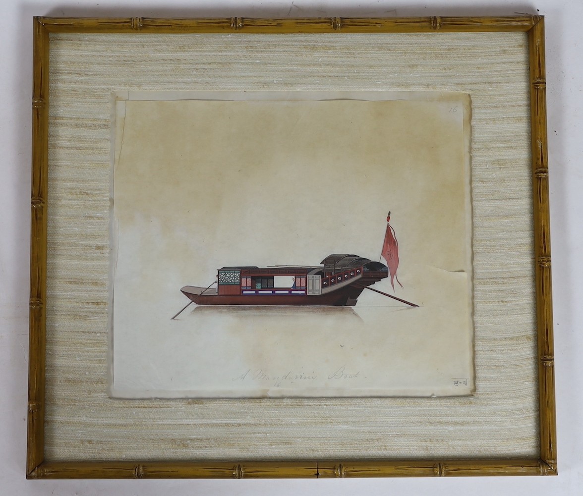 19th century Chinese School, nine gouaches on pith paper, Studies of water-going vessels, inscribed in Chinese and titled in English, giving the names and uses of the various vessels, 29 x 34cm